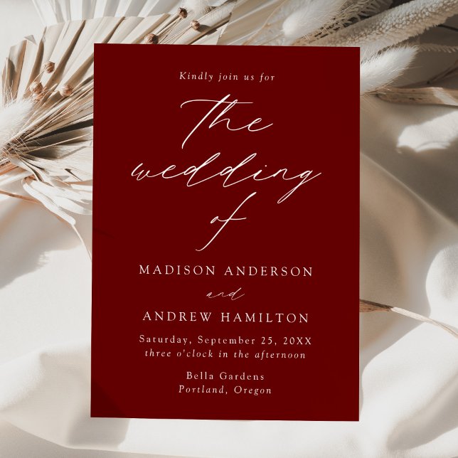 Modern Elegant Script Wine Red Wedding Invitation (Creator Uploaded)