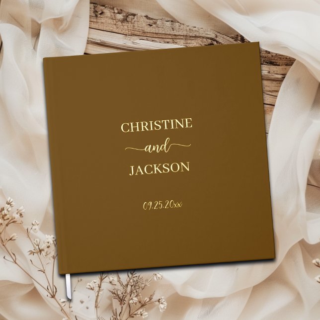 Modern Elegant Script Yellow Brown Wedding Gold Foil Guest Book (Creator Uploaded)