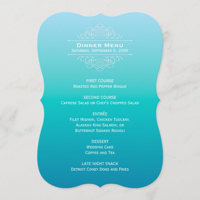 Modern Elegant Scrolls Teal Blue Ombre Wedding Menu (Front)
