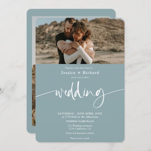 Modern elegant sea blue wedding script photos invitation