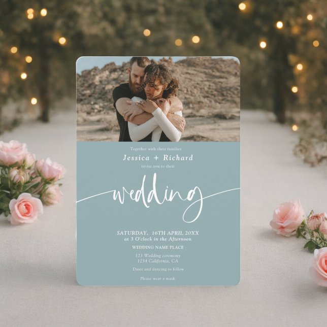 Modern elegant sea blue wedding script photos invitation (Modern elegant sea blue wedding script photos invitation)