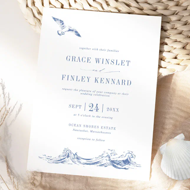 Modern Elegant Seaside Coastal Blue Wedding Invitation | Zazzle