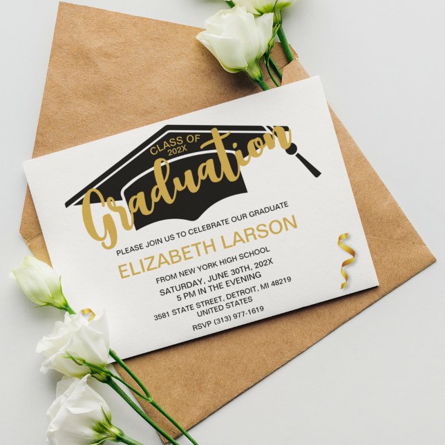 Modern Elegant Senior Golden Black Graduation Invitation (Creator Uploaded)