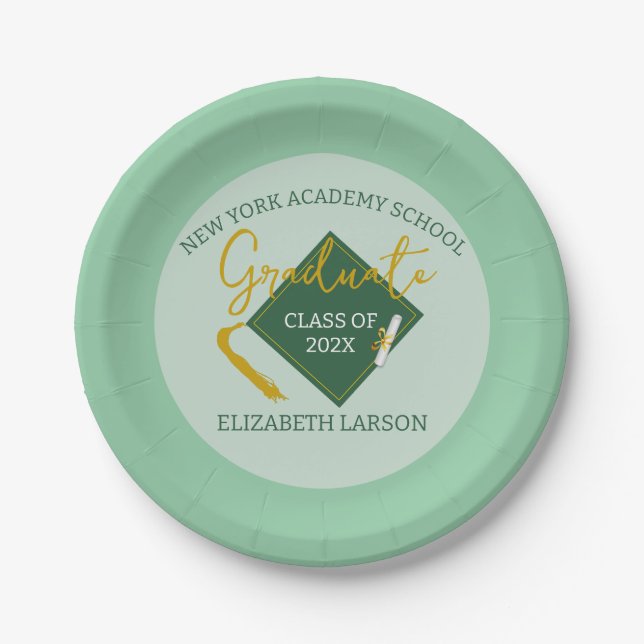 Modern Elegant Senior Green Themed Graduation Paper Plates (Front)