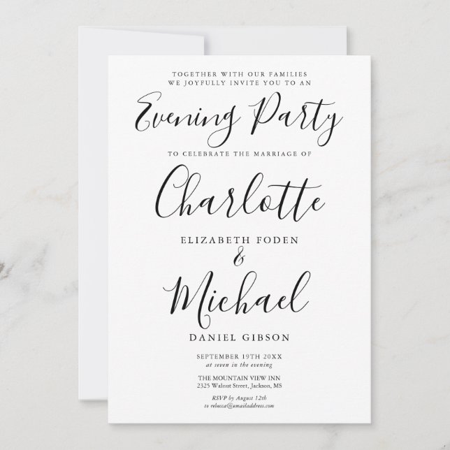 Modern Elegant Signature Wedding Evening Party Invitation (Front)