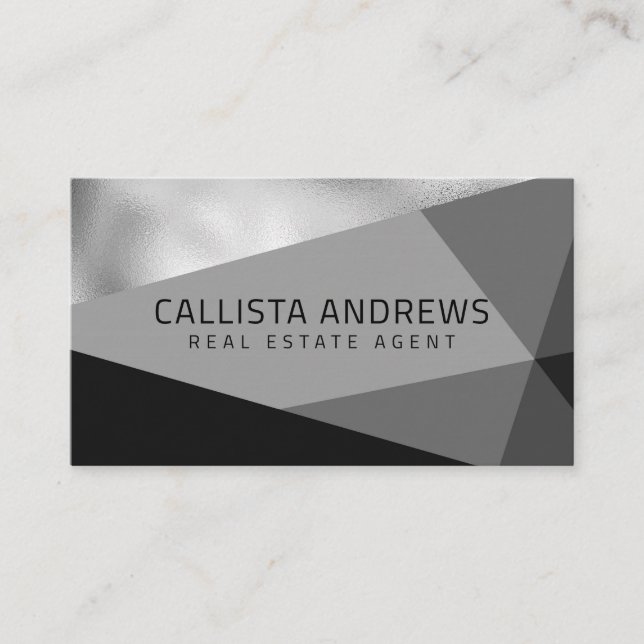 Modern Elegant Silver Black Gray Geometric Business Card (Front)