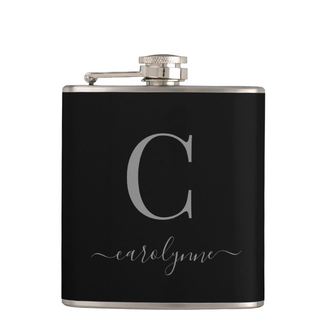 Modern Elegant Silver Black Monogram Script Flask (Front)