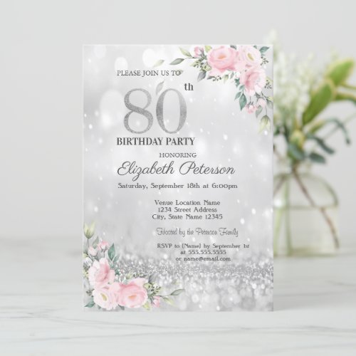 Modern Elegant Silver Bokeh Floral 80th Birthday Invitation