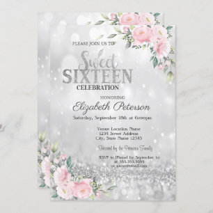Modern Elegant Silver Bokeh Floral Sweet 16 Invitation