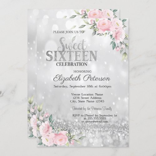 Modern Elegant Silver Bokeh Floral  Sweet 16  Invitation