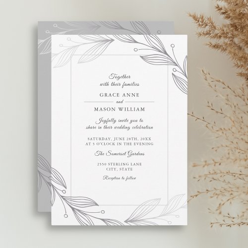 Modern Elegant Silver Botanical Leaves Wedding Invitation