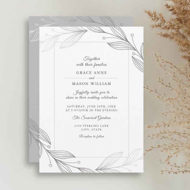 Modern Elegant Silver Botanical Leaves Wedding Invitation (Creator Uploaded)