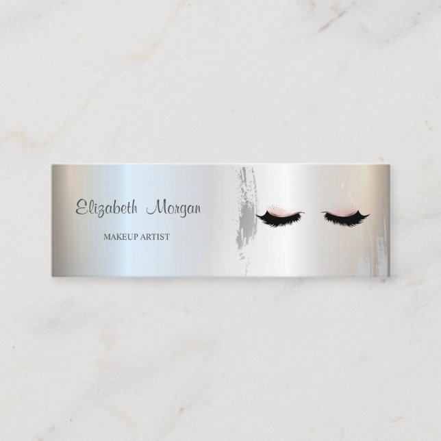 Modern Elegant, Silver Brush Stroke, Lashes,Makeup Mini Business Card (Front)
