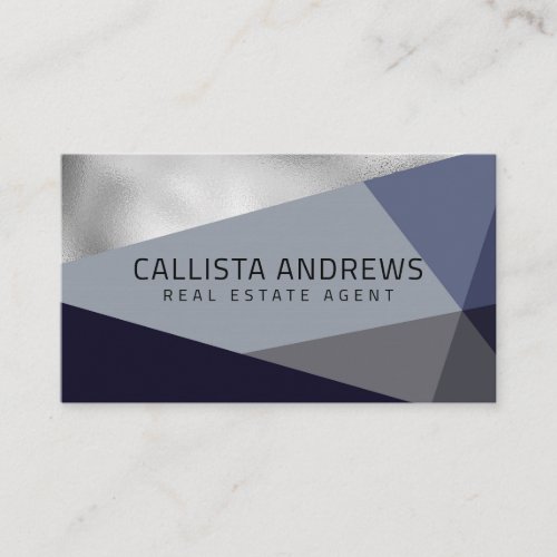 Modern Elegant Silver Dusty Navy Blue Geometric Business Card