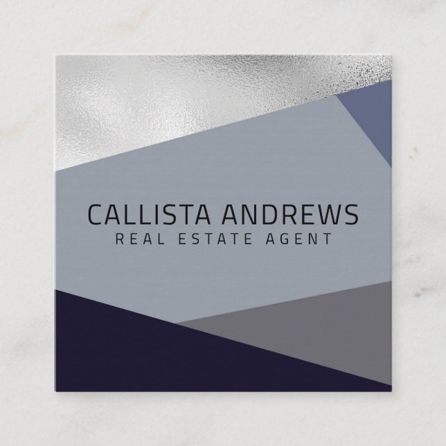 Modern Elegant Silver Dusty Navy Blue Geometric Square Business Card (Front)