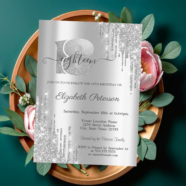 Modern Elegant Silver Glitter Drips 18th Birthday Invitation (Creator Uploaded)