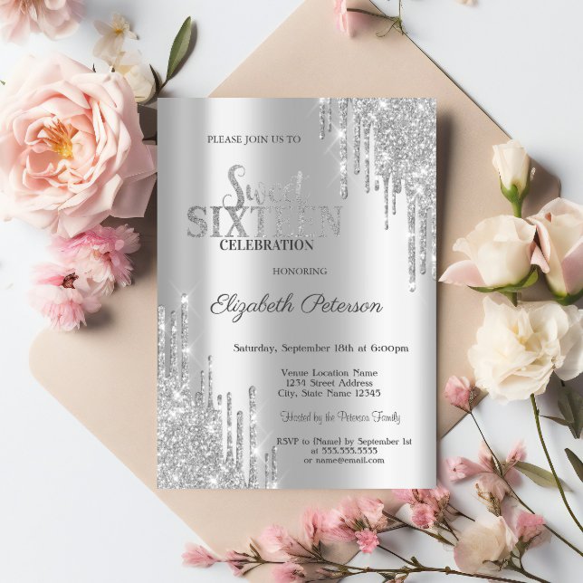 Modern Elegant Silver Glitter Drips  Sweet 16 Invitation