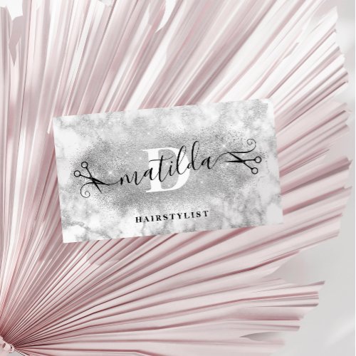 Modern elegant silver glitter marble hairstylist business card