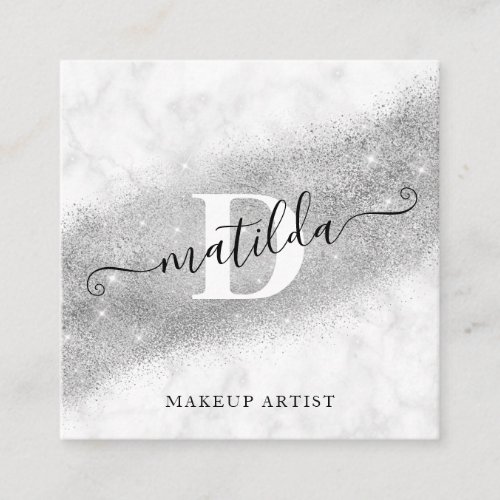 Modern elegant silver glitter marble makeup artist square business card