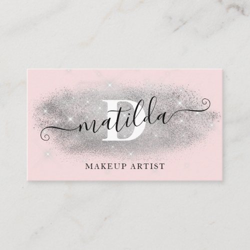 Modern elegant silver glitter pink makeup artist business card