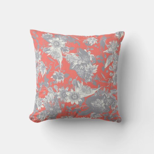 Modern Elegant Silver Gray Coral Passion Flowers Throw Pillow