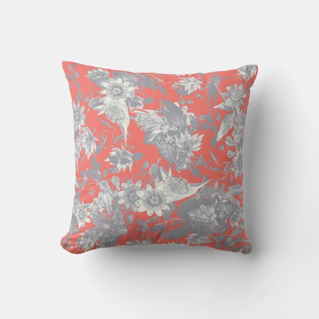 Modern Elegant Silver Gray Coral Passion Flowers Throw Pillow (Front)