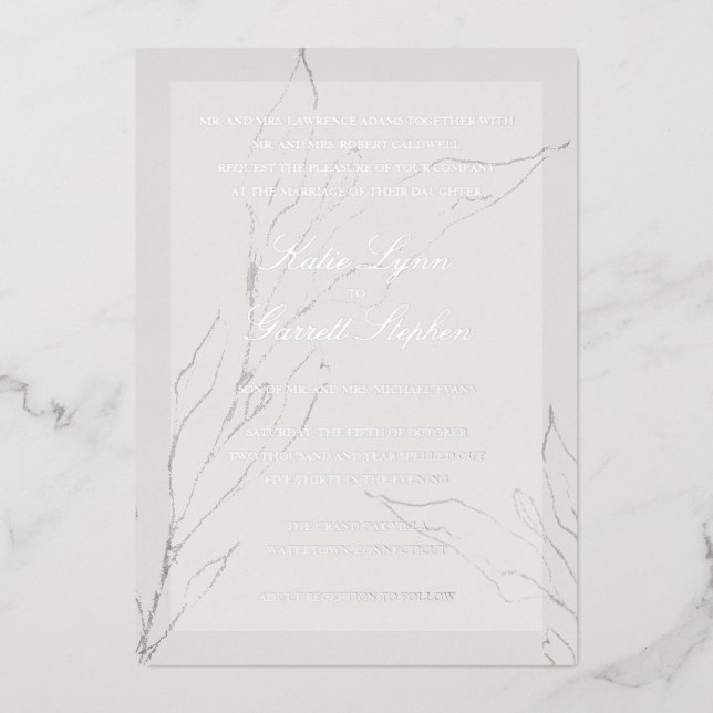 Modern Elegant Silver Gray Floral Wedding Foil Invitation (Front)