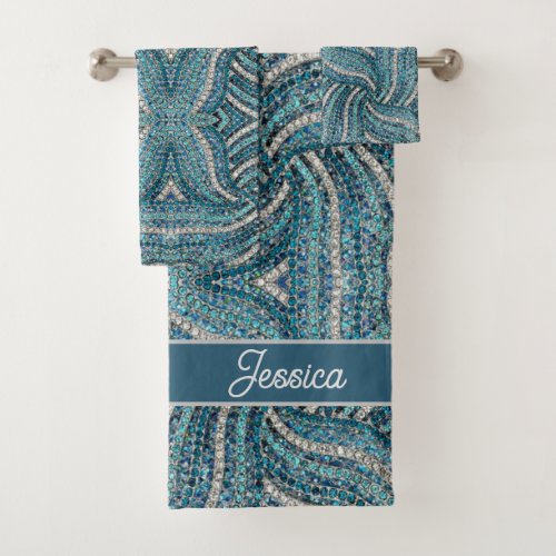 Modern Elegant Silver Grey Turquoise Blue Swirl Bath Towel Set