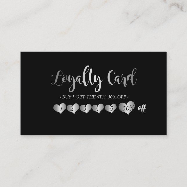 Modern Elegant Silver Hearts, Black Loyalty Card (Front)