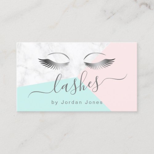 Modern elegant silver marble pink mint lashes business card