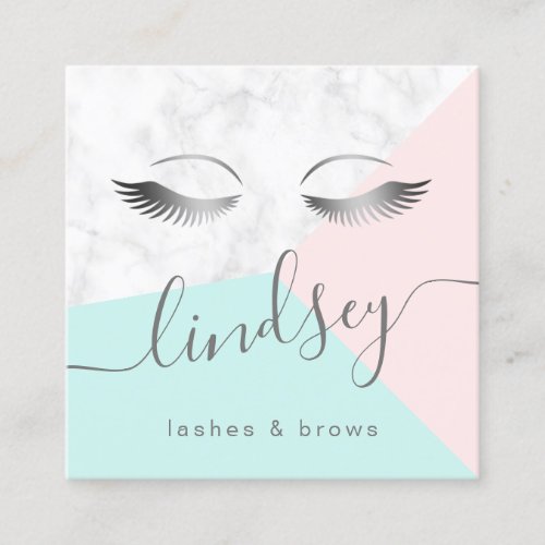 Modern elegant silver marble pink mint lashes square business card
