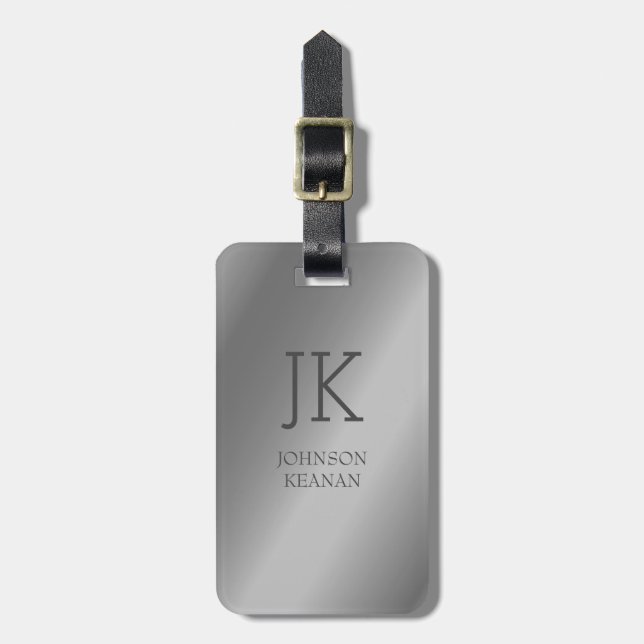 Modern Elegant Silver Metallic monogrammed Name  Luggage Tag (Front Vertical)
