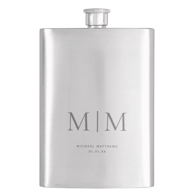 Modern Elegant Silver Monogrammed Initial Classic Flask (Front)