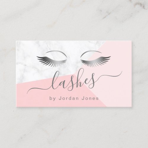 Modern elegant silver white marble pink lashes business card