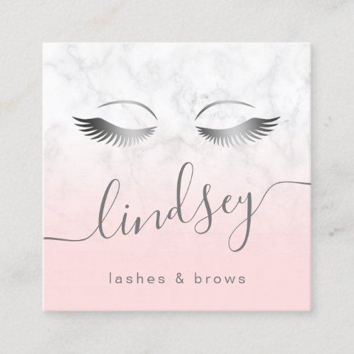 Modern elegant silver white marble pink lashes square business card