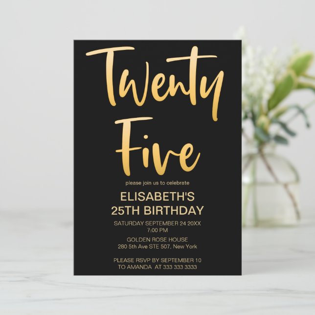 Modern Elegant Simple Black 25TH Birthday Party Invitation (Standing Front)