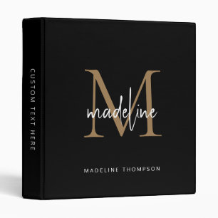 Modern Elegant Simple Black Gold Script Monogram 3 Ring Binder
