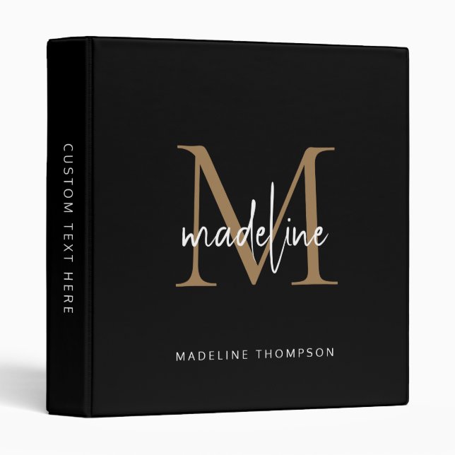 Modern Elegant Simple Black Gold Script Monogram 3 Ring Binder (Front/Spine)