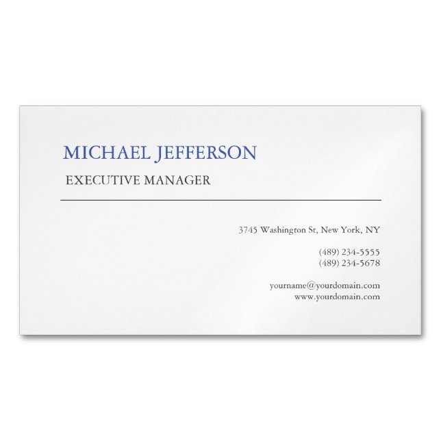 Modern Elegant Simple Blue White Business Card Magnet (Front)