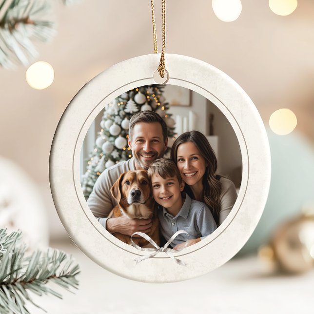 Modern Elegant Simple Boho Christmas Family Photo  Ceramic Ornament (Elegant boho round Christmas photo ornament with texture pattern background and bow at the bottom)