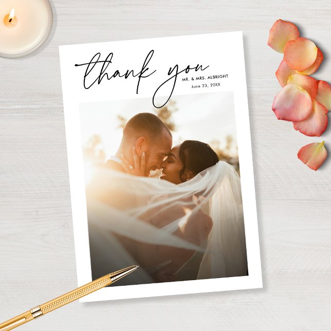 Modern Elegant Simple Chic Script Photo Wedding Thank You Card (Creator Uploaded)
