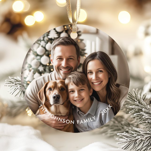 Modern Elegant Simple Christmas Family Photo Round Ceramic Ornament (Modern boho elegant holiday photo ornament. Personalize with your favorite family photo, name & year)