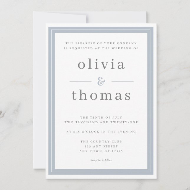 Modern Elegant Simple Dusty Blue Border Wedding Invitation (Front)