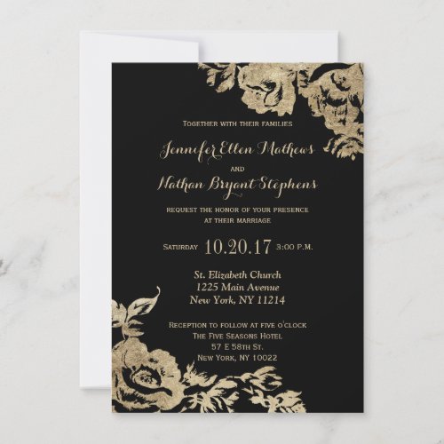 Modern Elegant Simple Gold Black Floral Wedding Invitation