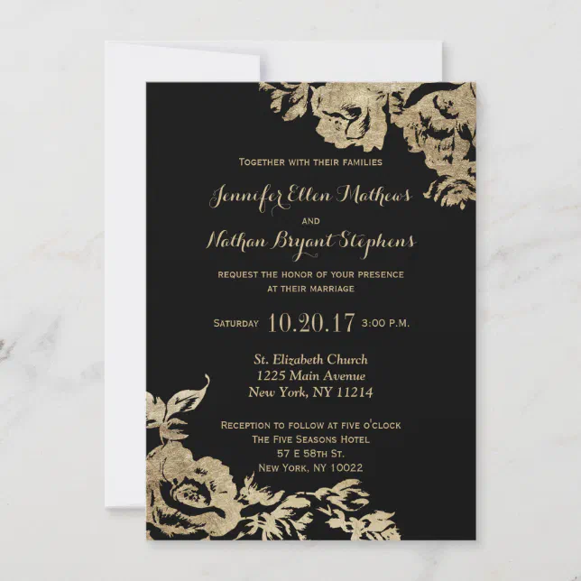 Modern Elegant Simple Gold Black Floral Wedding Invitation | Zazzle