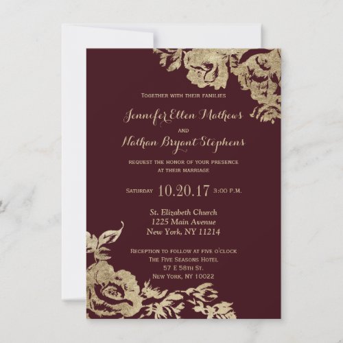 Modern Elegant Simple Gold Burgundy Floral Wedding Invitation