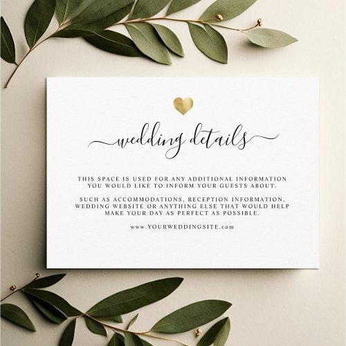 Modern Elegant Simple Gold Heart Wedding Details Enclosure Card