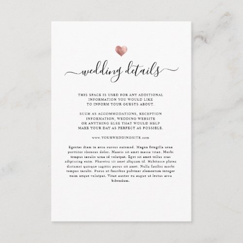 Modern Elegant Simple Gold Heart Wedding Details Enclosure Card