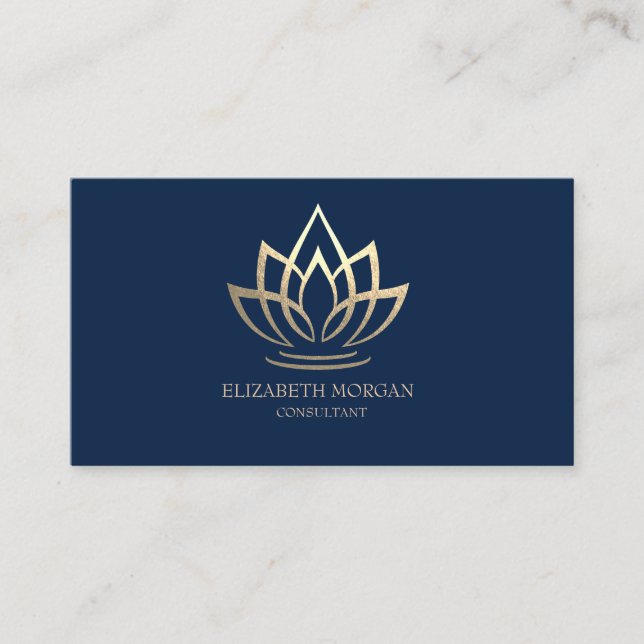 Modern Elegant Simple Gold Lotus Navy Blue Business Card (Front)
