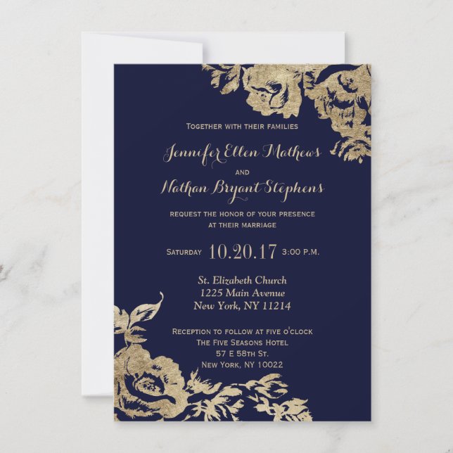 Modern Elegant Simple Gold Navy Floral Wedding Invitation (Front)